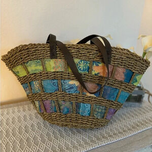 Naturalizer Straw Tote Bag with Leather Straps. Multi-color Ribboning.